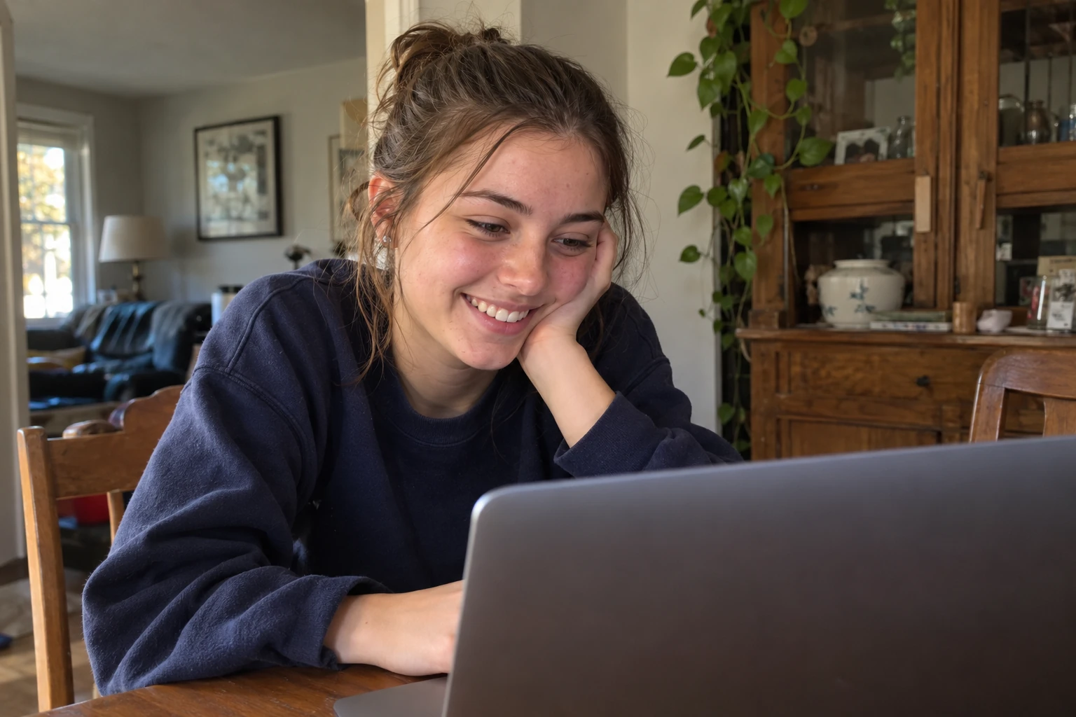 AI-created image of a high-school student smiling at good news on her laptop
